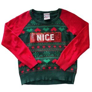 Childrens Holiday Sweater With Sequin Flip Naughty/Nice Design Green & Red Size